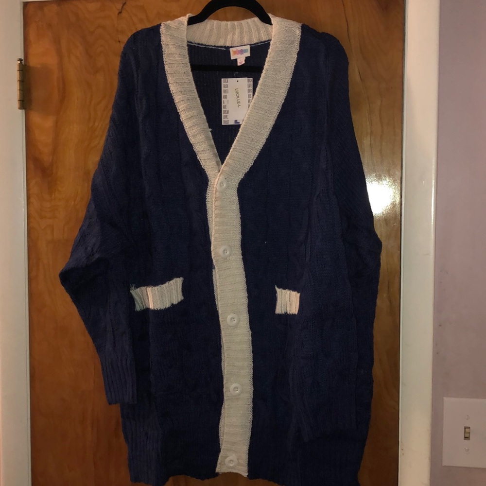 LuLaRoe Navy Blue Cardigan with Cream Trim